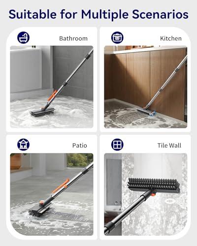 Image of Small Floor Scrub Brush with Length Adjustable Long Handle, 3 in 1 Heavy-Duty Stiff Bristle Scrubber Brush with Squeegee and Tweezer for Cleaning Bathroom, Tile, Deck, Patio, Garage and Kitchen