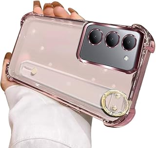 KOOLRIVER・For OPPO A5 5G ケース クリア カバー 透明 メッキ TPU ソフトケース スマホベルト 片手操作 取っ手 スマホリング付き スタンド機能 ストラップ穴 角 保護 コーナーバンパー For オッポ(ローズゴールド)