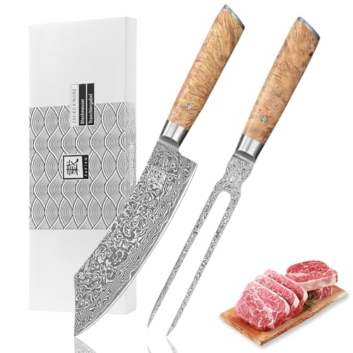 zayiko Kinone Premium 2er Tranchier-Set mit 18-20 cm Klingen gefertigt aus 67 Lagen echtem Damaststahl mit Wurzelholzgriffe Birke I Damastmesser Küchenmesser und Profi Kochmesser