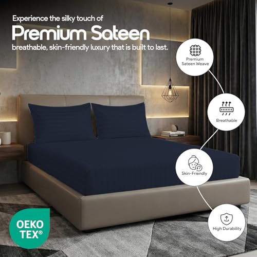 Image of LINENWALAS Cotton 300 TC Fitted Bed Sheet for Single Bed | Signature 2 CM Sateen Stripe Design|All-Around Elastic for 4-8 Inch Mattresses | Luxury Hotel-Style Bedding (36 x 78, Navy Blue)