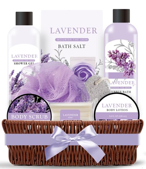 BODY & EARTH Zestaw upominkowy dla kobiet – 10-częściowy zestaw kąpielowy Willow Basket zestaw do kąpieli, prezent o zapachu lawendy, kosz prezentowy, zestaw wellness dla kobiet, mamy, przyjaciółki