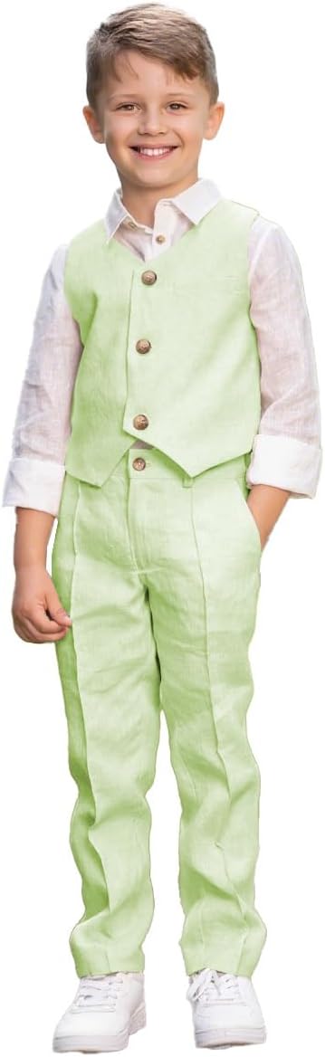 Boys 2 Piece Linen Vest Long Pants Suits Toddler Tuxedo Suit Set for Teen Boys Kids Wedding Summer