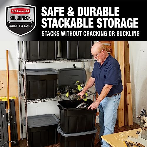 Image of Rubbermaid Roughneck Tote Durable 18 Gallon Stackable Plastic Storage Containers with Lids and Easy Carry Handles, Pack of 6, Black /Cool Gray
