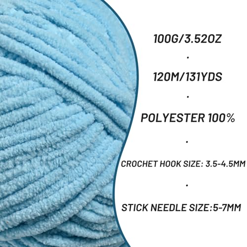 Image of Plush Chenille Chunky Crochet Yarn - Baby Yarn for Crocheting Soft - Velvet Yarns Knitting for Blankets Crafts - Fluffy Amigurumi Yarns 100g / 131yd (Azure)