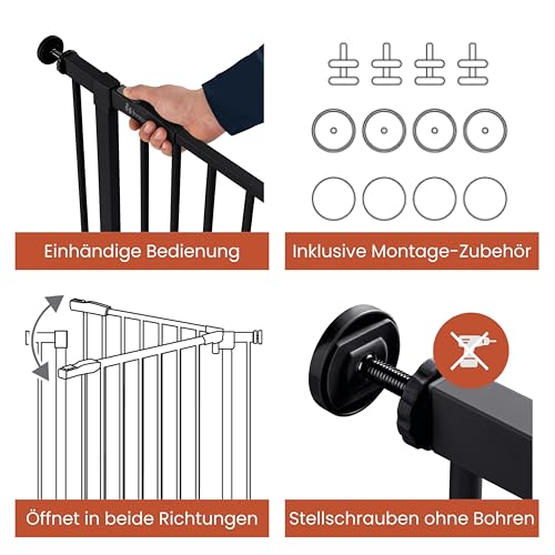 hauck Open N Stop 2, Schwarz - Kinderschutzgitter Hundegitter, Verstellbare Breite 75-80 cm, 77 cm Hoch, Beidseitige Einhand Öffnung, ohne Bohren, für Innen
