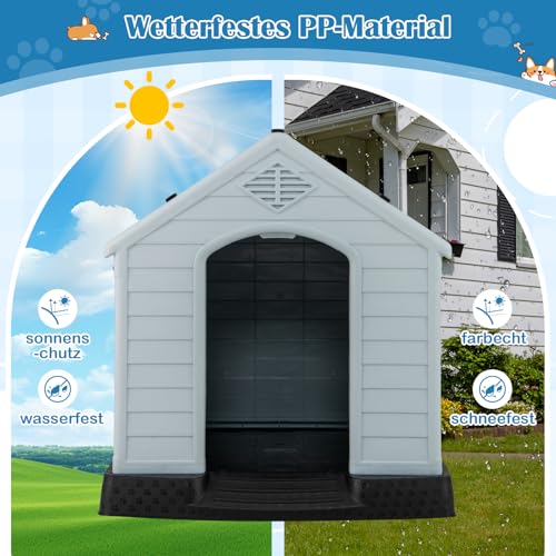 GYMAX Outdoor Hundehütte mit Schrägdach & erhöhtem Boden, Hundehaus aus Kunststoff, Wetterfeste Hundehöhle im Landhausstil (Grau + Schwarz, 72,5 x 66 x 70,5 cm)