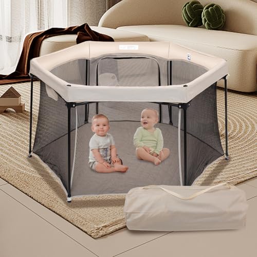 Image of Baby Playpen 53x53 Inch, Indoor /Outdoor Portable Play Yard No Extra pad Required with Breathable Mesh Walls, Enclosed Safe Space for Babies, Quick Foldable Playpen for Home Travel Park (Khaki)