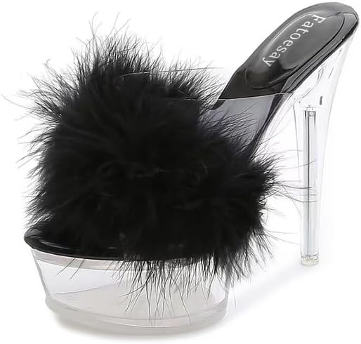 Fantoesay Women's Clear Stiletto Heels Sandals Platform Open Toe Slip On Mules Fluff Sandals
