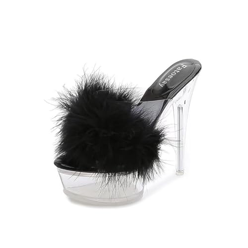Fantoesay Women's Clear Stiletto Heels Sandals Platform Open Toe Slip On Mules Fluff Sandals - 10 - Black