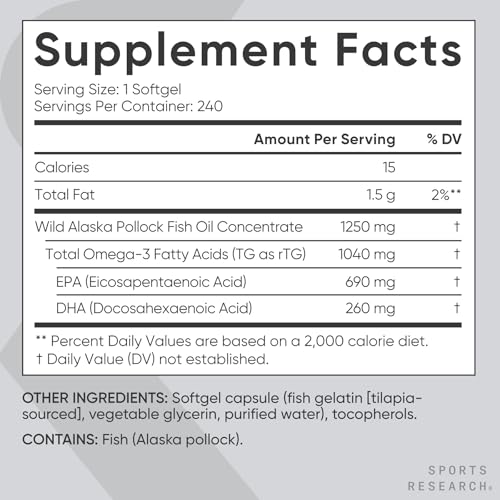 Sports Research Triple Strength Omega 3 Fish Oil - Burpless Fish Oil Supplement w/EPA & DHA Fatty Acids from Wild Alaskan Pollock - Heart, Brain & Immune Support for Men & Women - 1250 mg, 240 ct - 6