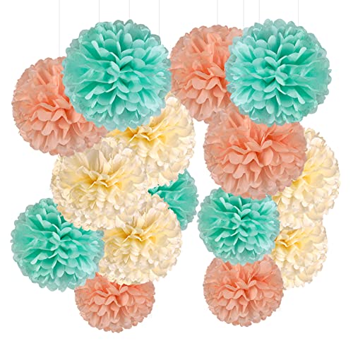 Pompon Papier de Soie Rose Crème Vert Pompom Fleur Decoration Mariage Boule Suspendu pour Wedding Party Anniversaire Chambre Maison Fete - 15pcs (20/25cm)