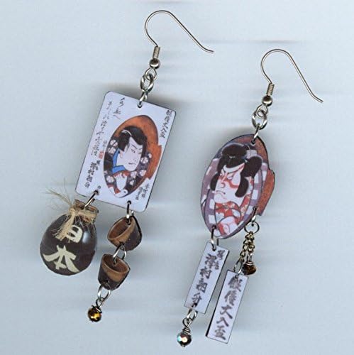 Sake cup earrings - Japanese Kabuki actors okubi-e wood block print - asymmetrical mismatched jewelry