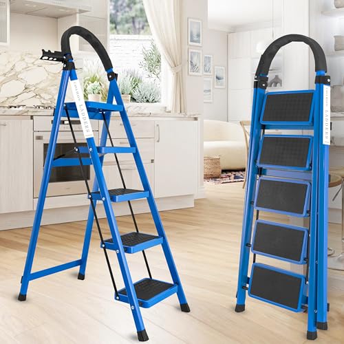 Image of Blue 5 Step Ladder for Home Use with Built-in Tool Tray | Heavy Duty D Shape Rods | Ultra Large Platform | Wide Rubber Feet | 150Kg Capacity Foldable Ladder - 7 Years Warranty
