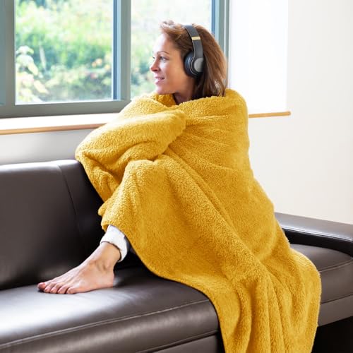 Snug Rug Mustard Yellow Blanket Sherpa Fleece Fluffy Luxury For Sofa Blankets Warm Winter Soft Throws 127 x 178cm (50"x 70") - Cosy Home Interiors Snug Rug Mustard Yellow Blanket Sherpa Fleece Fluffy Luxury For Sofa Blankets Warm Winter Soft Throws 127 x 178cm (50"x 70") - Image 2