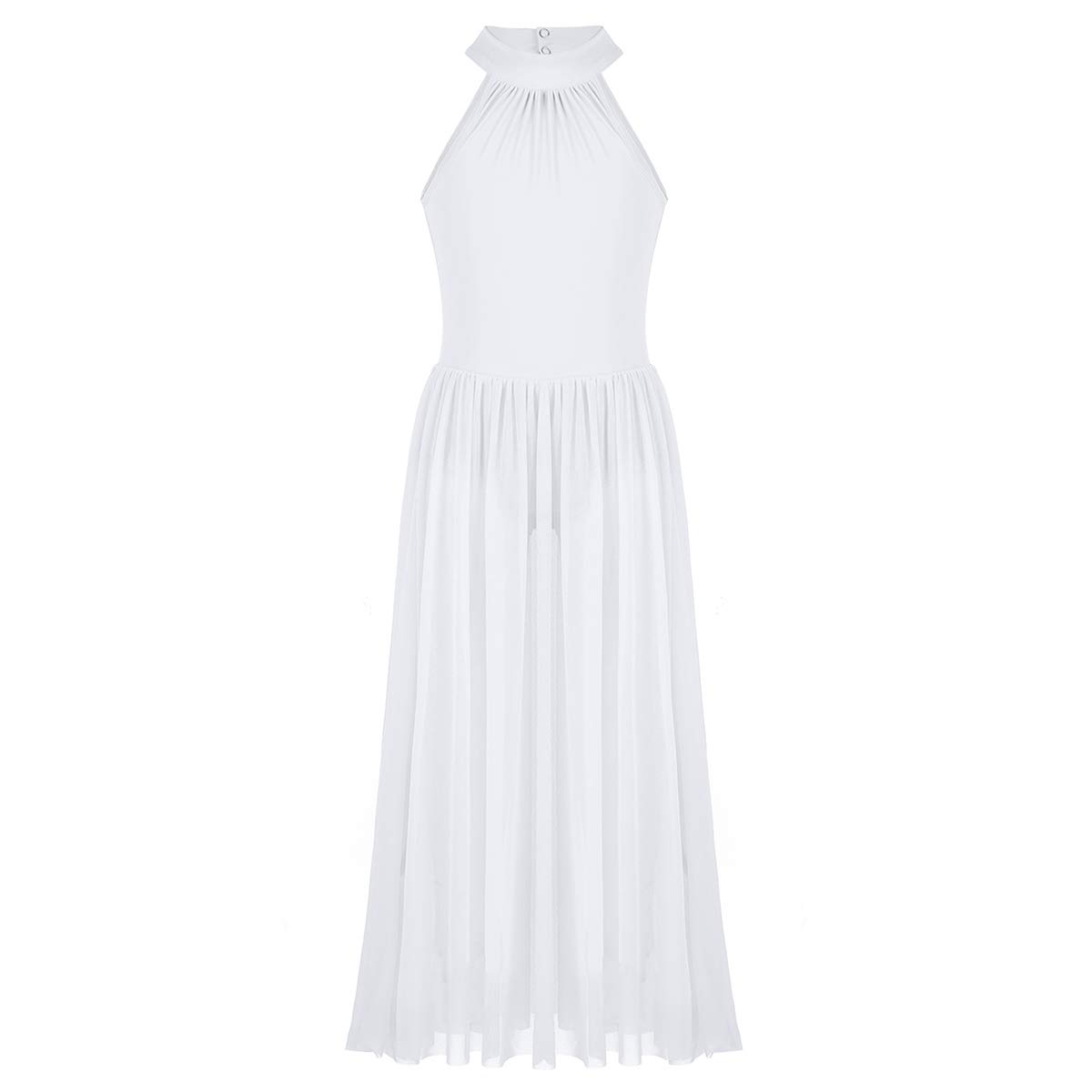 YEAHDOR Kids Girls Mock Neck Lyrical Contemporary Ballet Dance Leotard Mesh Maxi Skirt Dress Stage Performance Dancewear White 8-10
