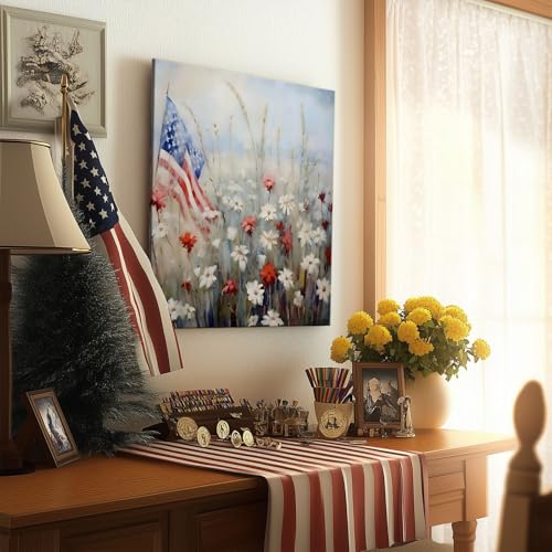 Image of Memorial Day Canvas Print, Patriotic American Flag Wildflowers Oil Painting, Red White Blue Field Poster Framed Art, USA Independence Day Artwork for Living Room or Porch Decor 20x24inch