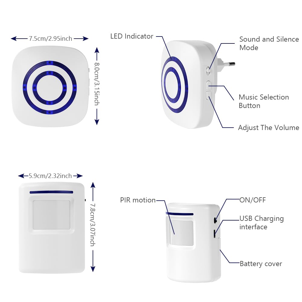 AXFEE Detector de Movimiento Interior, con 1 Receptor electrónico y 1 Detector de Sensor de Movimiento PIR 4 Niveles de Volumen, con 38 melodías Alarma de Seguridad, para caravanas, Casas, garajes