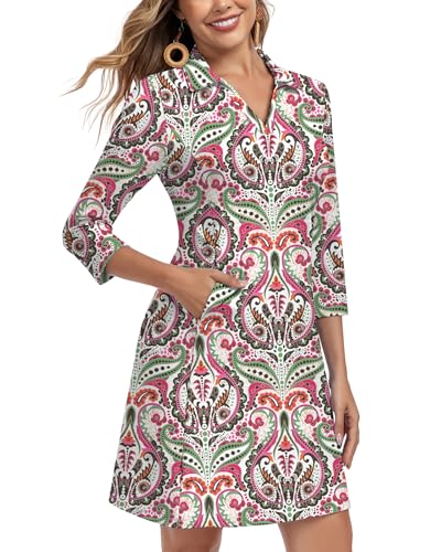 Image of WOWENY 3 /4 Sleeve Dress for Women with Pockets V Neck UPF 50+ Casual Sun Dress Breathable Quick Dry Beach Vacation