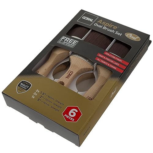 Image of Coral Aspire 6 Piece Paint Brush Set - Professional Firm Straight Cut Oval for Walls - Ultra-Smooth Finish - Trade Emulsion Gloss - Includes 2X 1.5, 2X 2, 3 inch & 2 inch Angled Stubby