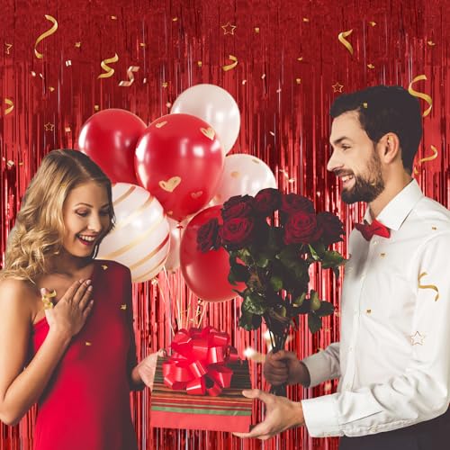 Image of Red Curtains Backdrop Tinsel Streamers Party Decorations 2Pack 3.3x8.2FT - Red Birthday Decorations Valentines Day Decorations Carnival Party Decorations Christmas Wedding Bachelorette