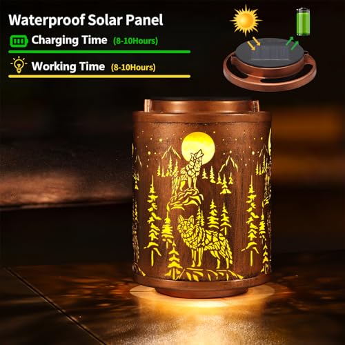Image of Solar Lanterns Garden Decor Birthday Gifts for Women Mon Grandma Metal Hanging Solar Lights Waterproof Outdoor Decoration for Outside LED Lanterns for Yard Patio Lawn Pathway(Wolf)