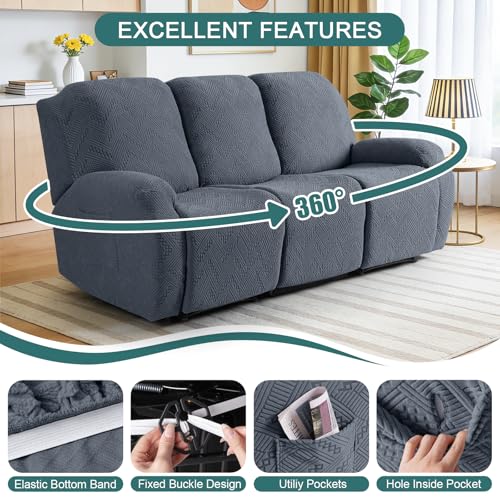 Image of Ruaozz Recliner Sofa Covers Recliner Chair Covers Couch Covers for Reclining Couches with Pockets Washable Furniture Protector with Elastic Bottom (3 Seater, Grey)