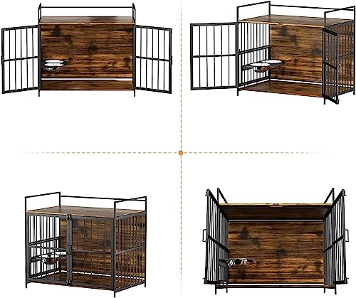 ROOMTEC Furniture Style Large Dog Crate with 360° & Adjustable Raised Feeder for Dogs 2 Stainless Steel Bowls -End Table House Pad, Indoor Use,41" L X 24" W 36" H, Classic Brown