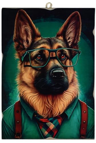 KUSTOM ART Cuadro de estilo vintage, serie de animales Aristócratas, perro pastor alemán, impresión sobre madera, 25 x 18 cm.