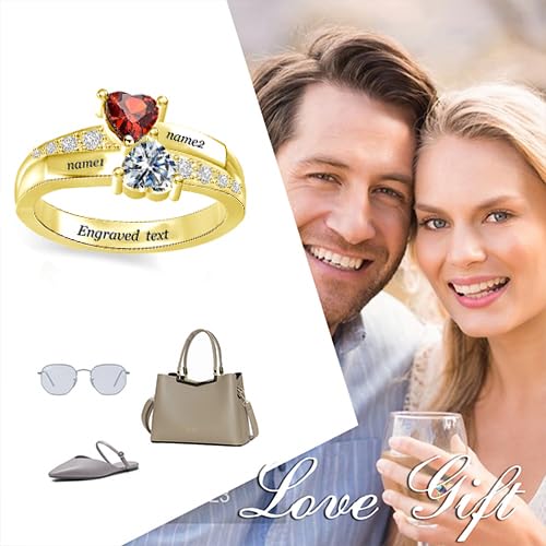 DOVRAN Custom Birthstone Rings for Women 9K/10K/14K/18K Gold Dimond and Crystal Personalized 2 Name Rings for Mothers Day Engagemet Ring 3.5# - 12#2
