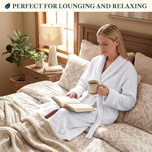 Image of PAVILIA Women's Plush Fleece Robe, Soft Cozy Long Bathrobe with Satin Waffle Trim, Warm Lightweight, Pockets & Tie Belt