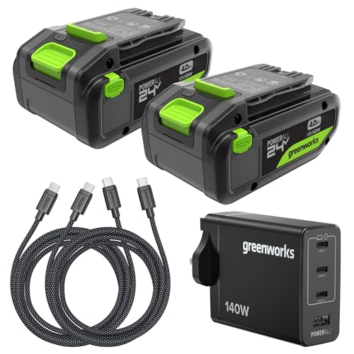 Greenworks 2 Pack 24V 4Ah High Power USB-C Battery & 65W USB-C Charger & 100W cable Li-Ion Battery Suitable for all 200+ Greenworks 24V devices 2-year warranty - K2D8DEA