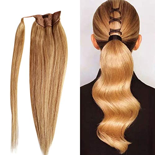 Clip in Ponytail Extensions Remy Hair Extensions Real Human Hair Extensions Blonde Wrap around Ponytail for Natural Hair One Piece Pony Tails Straight for Girls for Women(18",#27 Strawberry Blonde)80g