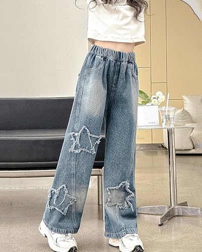 Viatabuna Girls Wide Leg Star Jeans Elastic Waist Pull On Jeans Baggy Denim Pants Youth Kids Clothes 5-14 Years4