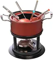 Conjunto de Fondue em Aço Inox, Base Aquecedora, 6 Garfos, Panela Vermelha, para Chocolate e Queijo