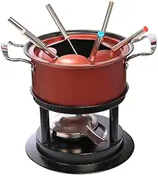 Conjunto de Fondue em Aço Inox, Base Aquecedora, 6 Garfos, Panela Vermelha, para Chocolate e Queijo