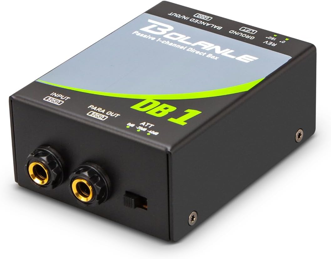 Bolanle Passive 1-Channel Direct Box DI for Guitar, Bass & Synths Hum Eliminator, Ground Loop Noise Reducer, Reamp Function XLR Balanced Output for Studio & Live Performance
