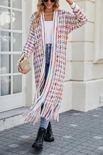 Image of Womens Boho Cardigan Sweater Maxi Long Colorful Fringed Tassels Knitted Cardigan Jacket Outwear