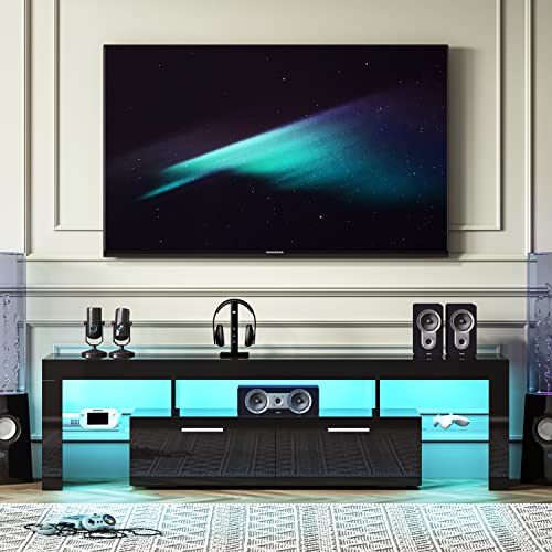 Entrintou Black Modern Led Tv Stand For 55/60/65 Inch Tvs With Led Lights, Entertainment Center With Open Shelves And Large Storage, Universal Tv Table Media Console For Living Room Bedroom #TOP1