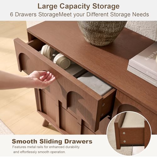 Oak&Sparrow Mid Century Modern Dresser for Bedroom, Walnut 6 Drawer Dresser with Arched Front, 47'' Wide Chest of Drawers Wood Storage Organizer for Living Room - Image 4