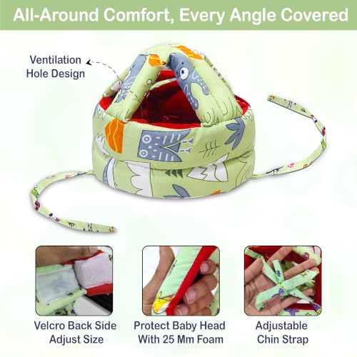 Image of GLUN Baby Head Safety Helmet, Pack of 1 Green Printed Colour, Lightweight & Breathable Safety Head Protector Helmet, Crawling, Soft Cushion Safety Headguard, 6-12 Months Cushion Bumper