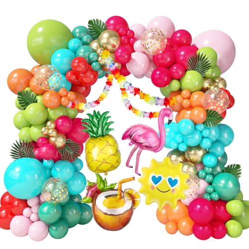 170Pcs Flamingo Tropical Balloon Arch Garland Kit Hot Pink Olive Green Orange Teal Gold Foil Balloons Palm Leaves Hawaiian Leis for Luau Aloha Summer Beach Pool Birthday Baby Shower Party Decorations