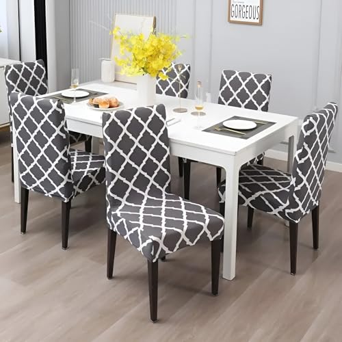 Image of Dining Chair Covers Set of 2, Stretchable Removable Washable Anti-Slip Universal Fit Printed Polyester Spandex Slipcovers (Grey Diamond)