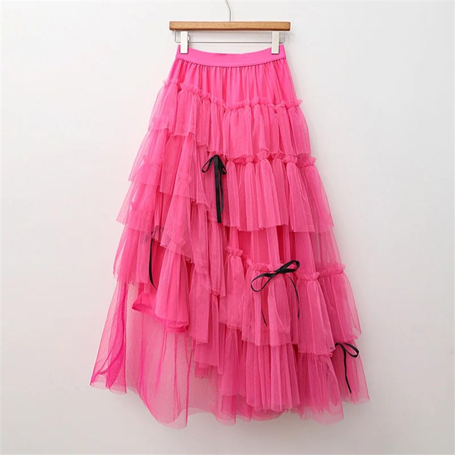 Women Long Maxi Tulle Skirt Tiered Mesh Skirt Party Tiered Midi Skirts with Black Ribbon Decoration3