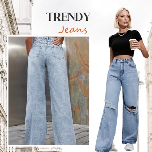 Women's Ripped Knees Baggy Jeans, High Waist Wide Leg Denim Pants Trendy Casual Jeans Loose Boyfriends Denim Pant2