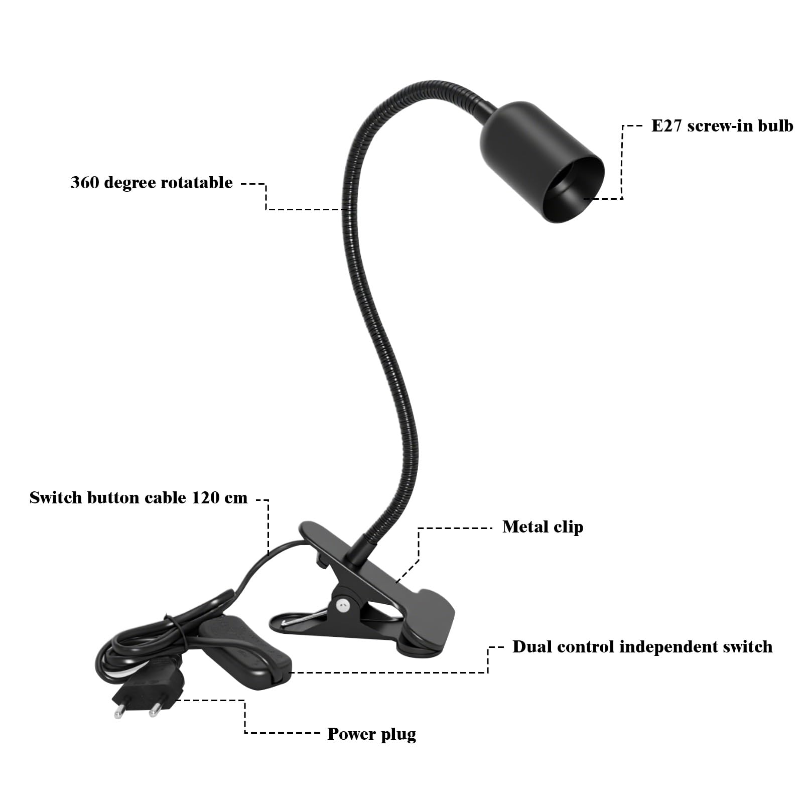 Nizirioo E27 lamphouder met clip: 2 stuks E27 klemlamp 360° verstelbare zwanenhals, E27 klemlamp lange kabel met schakelaar en stekker, zwart (zonder gloeilamp