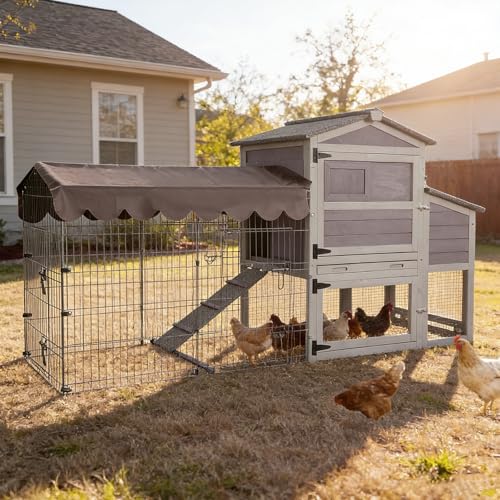 Image of Mobile Chicken Coop with Run, Large Outdoor Wooden Poultry Cage Hen House with Wheels, Nesting Box, Pull-Out Tray, Waterproof Roof, Grey, 79.1 inch L x 25.2 inch W x 43.6 inch H, for 4-6 Chickens