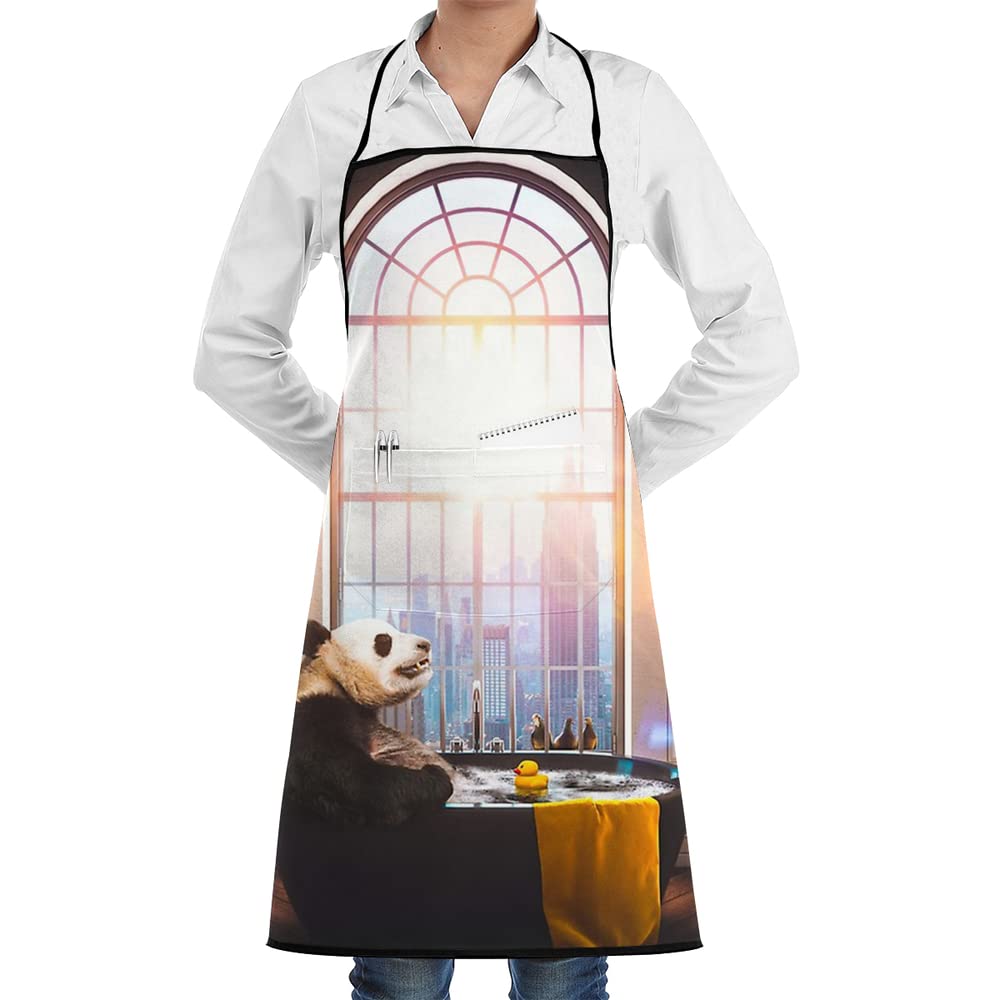 Panda Bathing in Bathtub Rubber Duck with Sunshine Chef Apron with Pockets Grill Aprons for Women Men Kitchen Cooking Baking BBQ