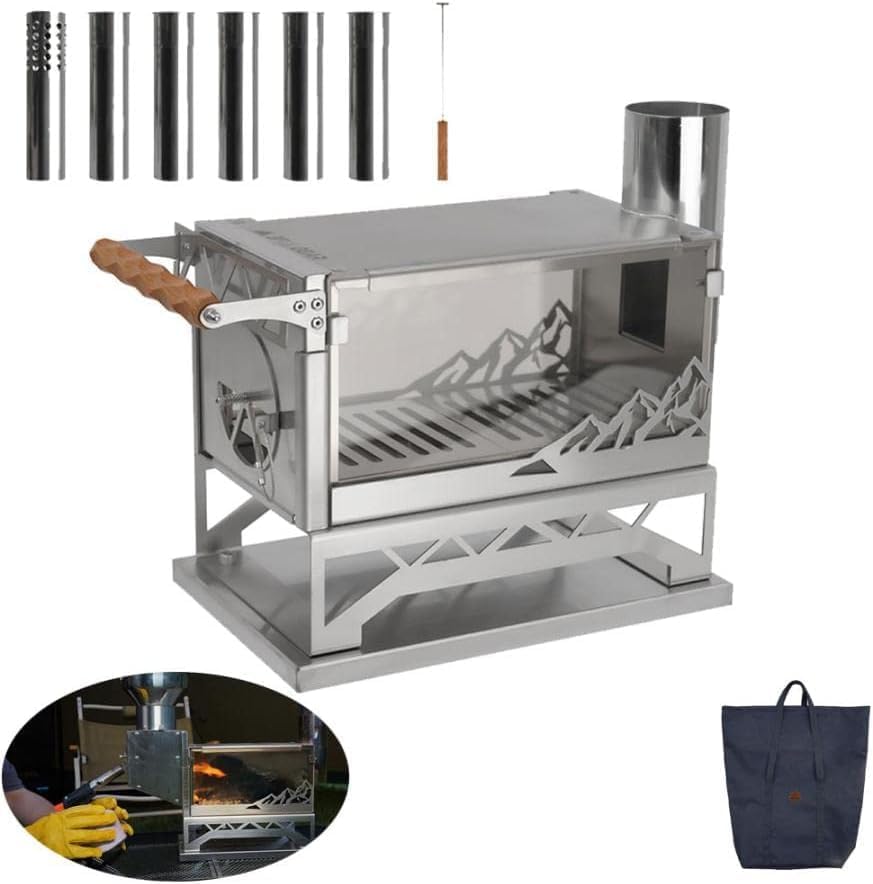 3fulgear薪ストーブ ペレットストーブ アウトドア 卓上薪ストーブ ウッドストーブ 煙突付き ガラス窓 薪暖炉 キャンプ テン