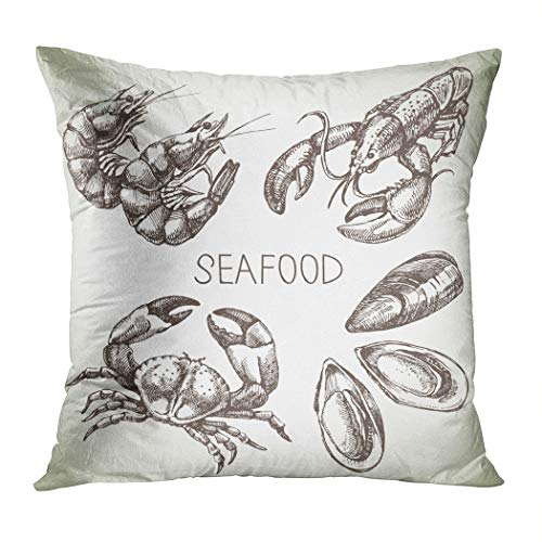 Llsty Throw Pillow Cover 20 x 20 inches Hand Drawn Sketch Set Seafood