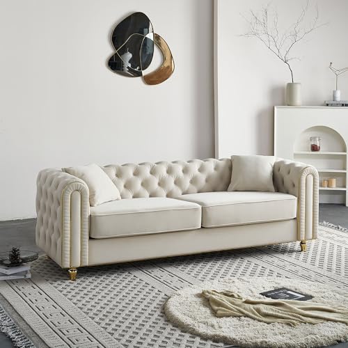Image of KEIKI 86 inch Chesterfield Velvet Button Tufted Sofa with High Density Foam Cushions and 2 Toss Pillows, Modern Style 3-Seater Couch with Gold Strip Trim Decoration, Easy Assembly, for Living Room, Beige
